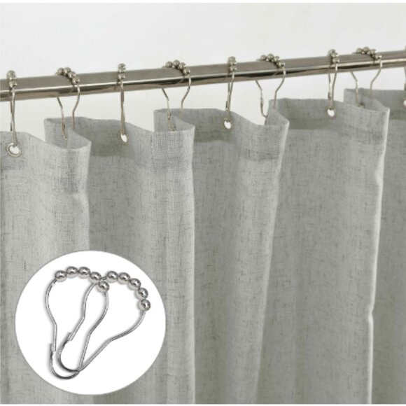 Gray Shower Curtain 71 x 72 with Silver Hooks Linen Look Minimalist Farmhouse - Picture 4 of 11